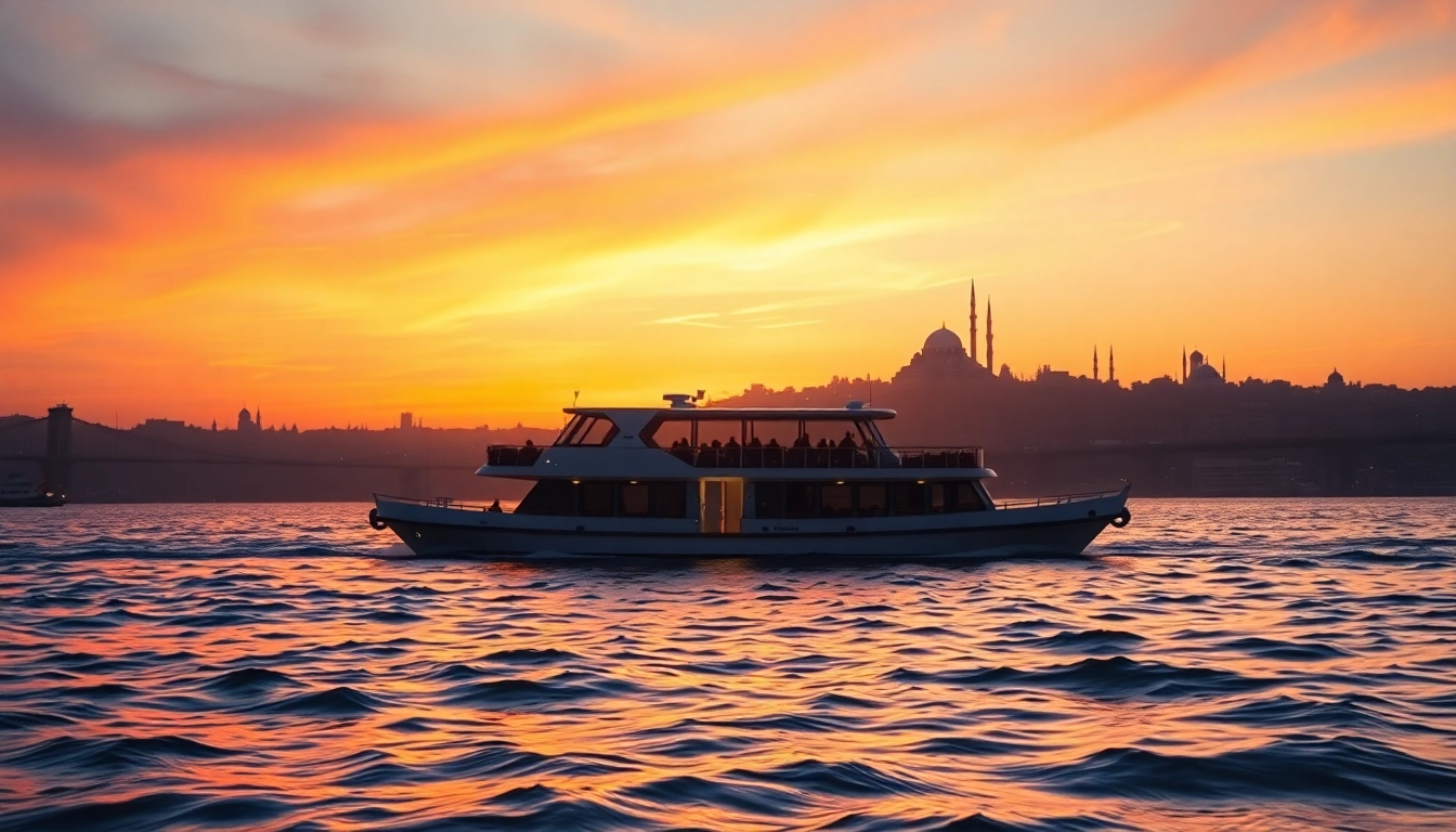 Bosphorus sunset cruise boat sailing against the vibrant Istanbul sunset sky.