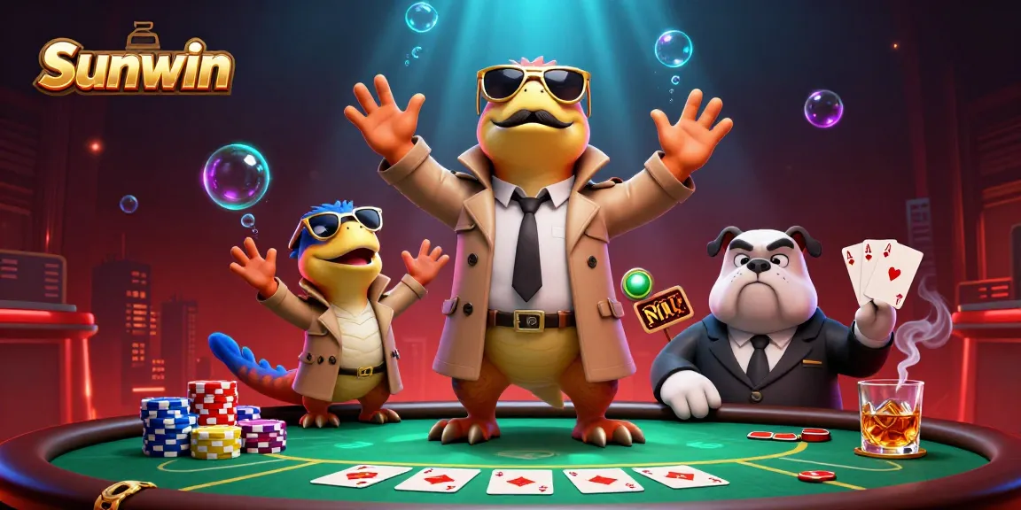 Engage in thrilling poker at Sunwin with cartoon raptors in disguise and vibrant casino elements.
