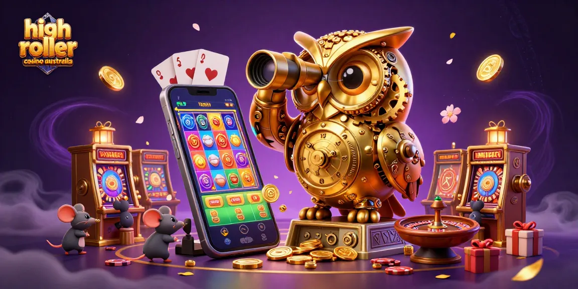 Experience the thrills of high roller casino Australia with vibrant 3D gaming elements and a whimsical owl.