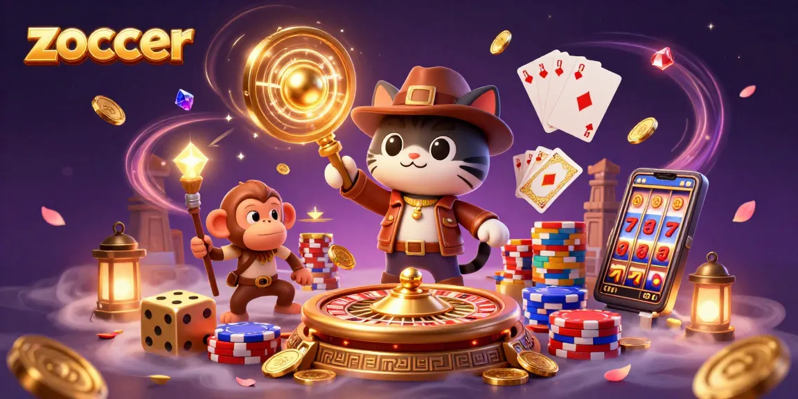 Catch thrilling gameplay at Zoccer Casino with golden coins and poker chips cascading around a cat archaeologist.