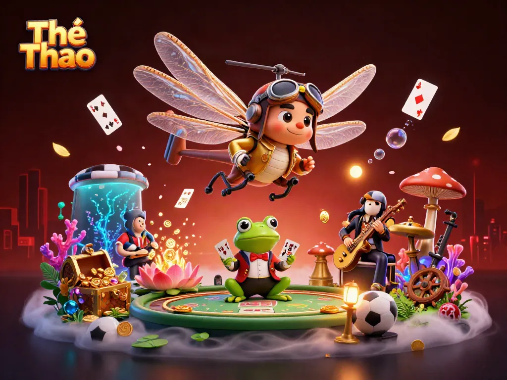 Thể Thao scene with a frog croupier and a dragonfly pilot at a vibrant lily pad casino.