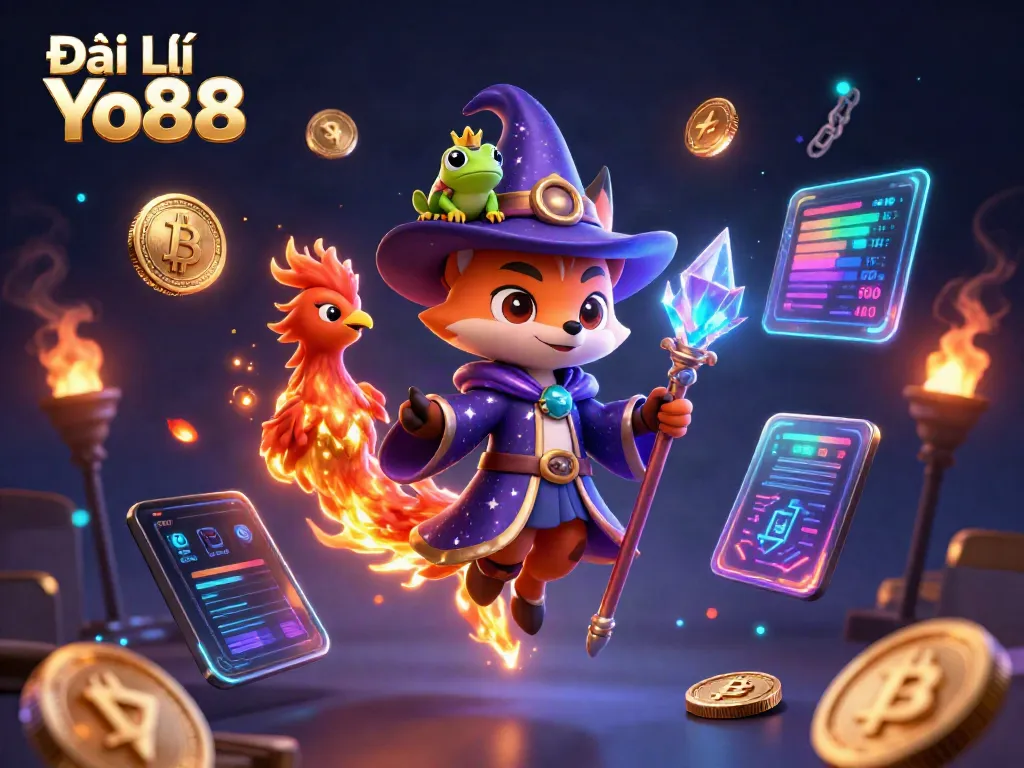 Engage with Đại Lý Yo88 through a vibrant 3D scene of a wizard fox, phoenix, and blockchain elements.