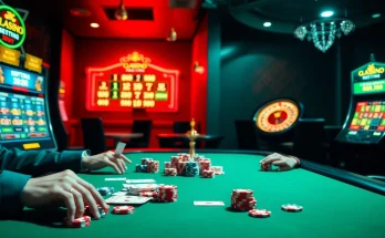 The thrilling atmosphere of high-stakes gambling at https://u888u88.com/ with a poker table, chips, and roulette wheel.