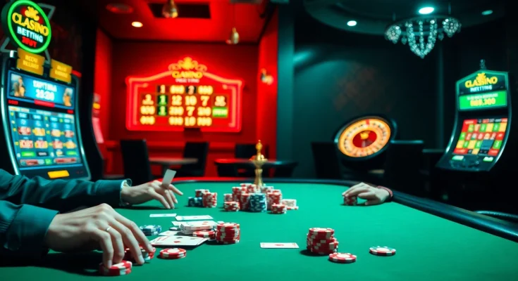 The thrilling atmosphere of high-stakes gambling at https://u888u88.com/ with a poker table, chips, and roulette wheel.