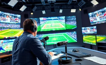 Engaging scene of Sports Broadcasting in a vibrant studio with live game coverage.