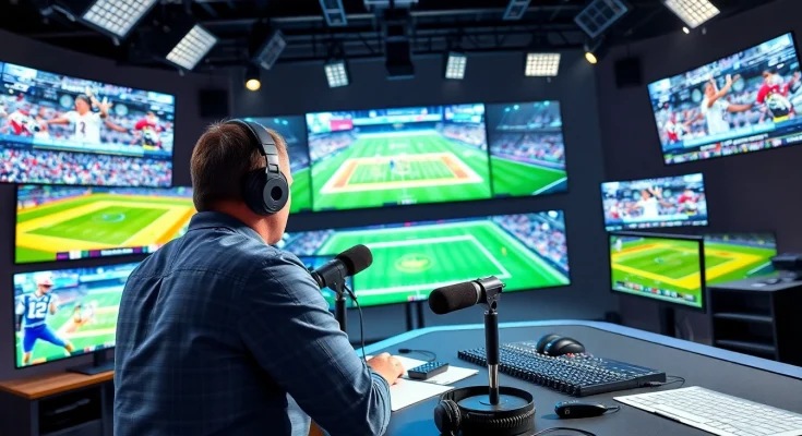 Engaging scene of Sports Broadcasting in a vibrant studio with live game coverage.