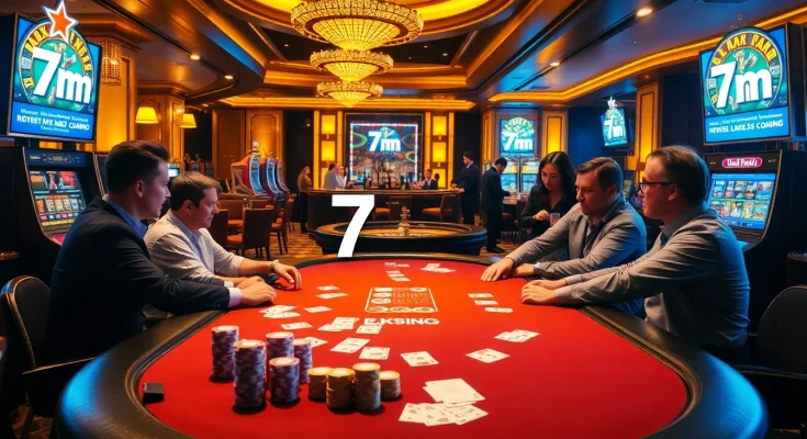 Players at a luxurious poker table enjoy the thrilling atmosphere of gambling at 7m-themed casino.