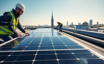 Installieren einer PV anlagen wien auf einem modernen Dach mit Technikern und Wiener Skyline.