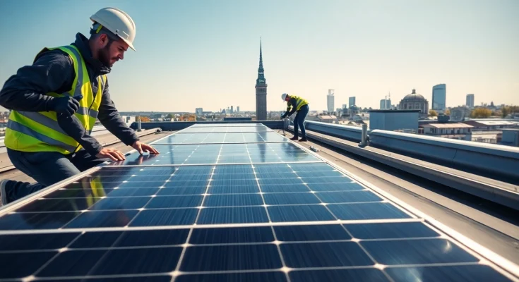 Installieren einer PV anlagen wien auf einem modernen Dach mit Technikern und Wiener Skyline.