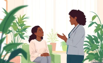 Mental health awareness portrayed through a professional therapist supporting a client in a serene setting.