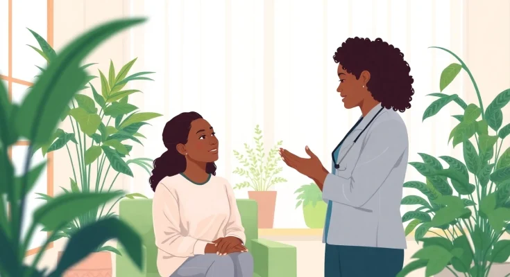 Mental health awareness portrayed through a professional therapist supporting a client in a serene setting.