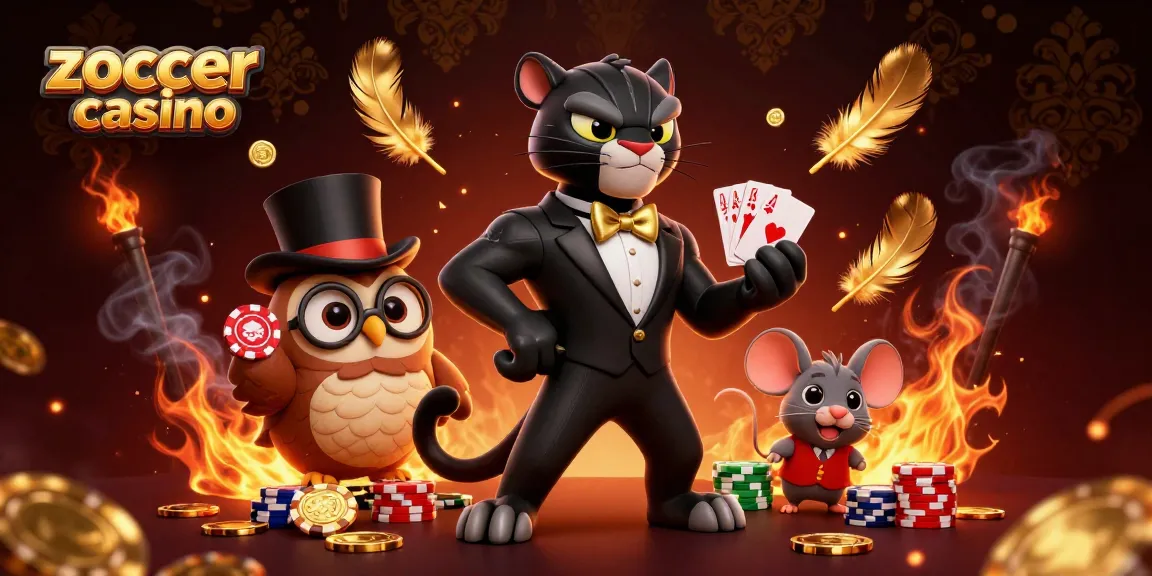 Experience the excitement of zoccer casino with a dazzling 3D illustration featuring a stylish panther dealer amidst vibrant gaming elements.