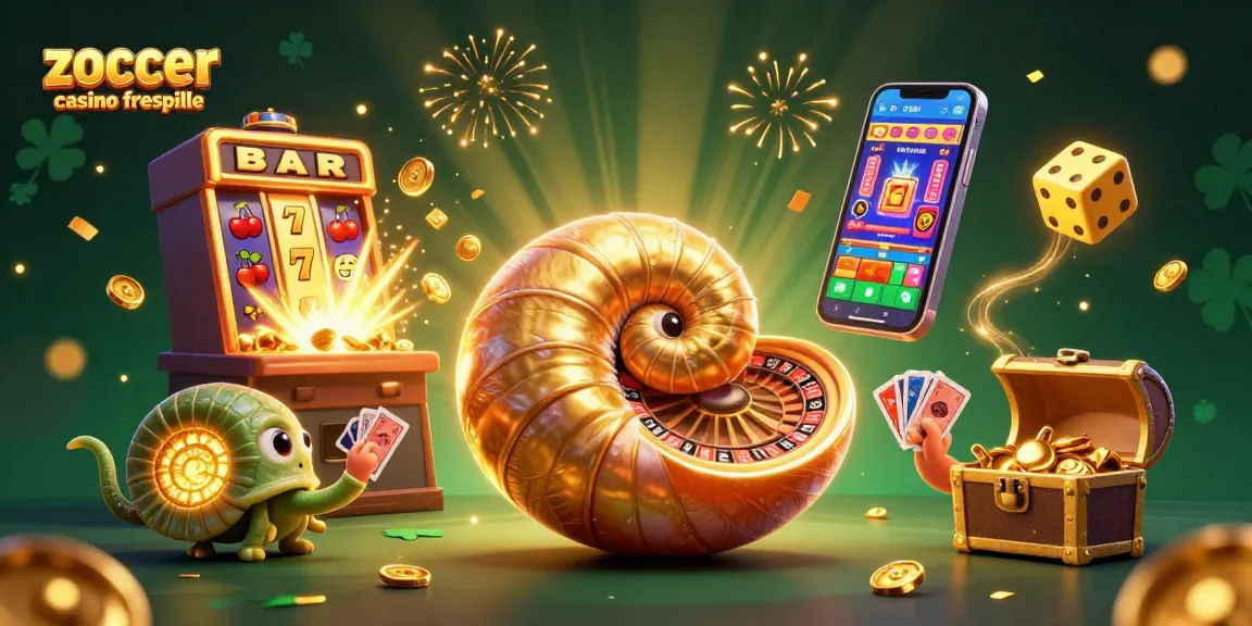 Zoccer Casino Freispiele genießen: 3D-Illustration mit Nautilus Roulette, Spielautomaten und goldenem Gewinn