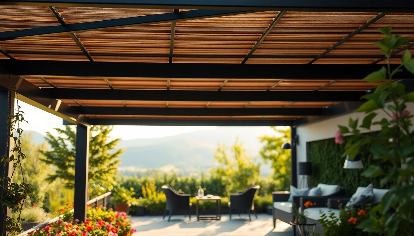 Hier klicken und informieren ueber stilvolle Terrassenueberdachung in einem Garten.