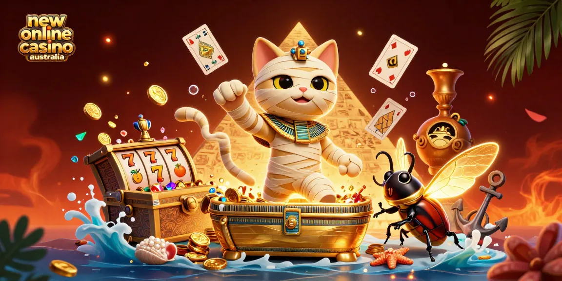 Join the action at new online casino Australia, featuring a mummy cat in a vibrant casino setting.