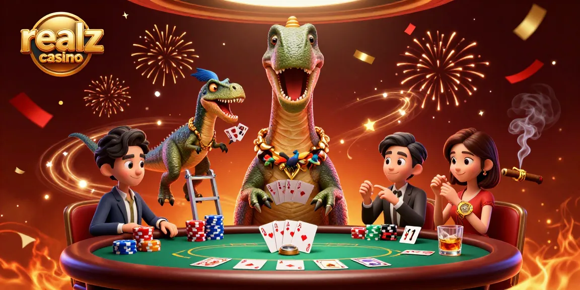 Experience the thrill of realz casino with a whimsical scene featuring a brontosaurus and raptor in vibrant action.