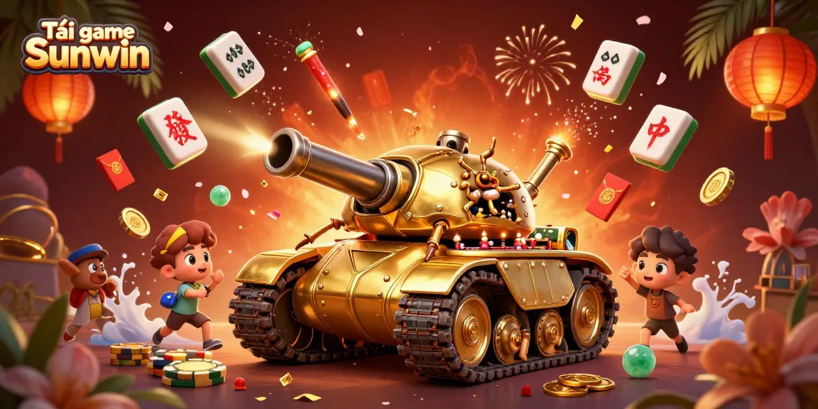 Tải game Sunwin with a vibrant 3D illustration of a casino beetle tank, lively gaming elements, and festive decorations.