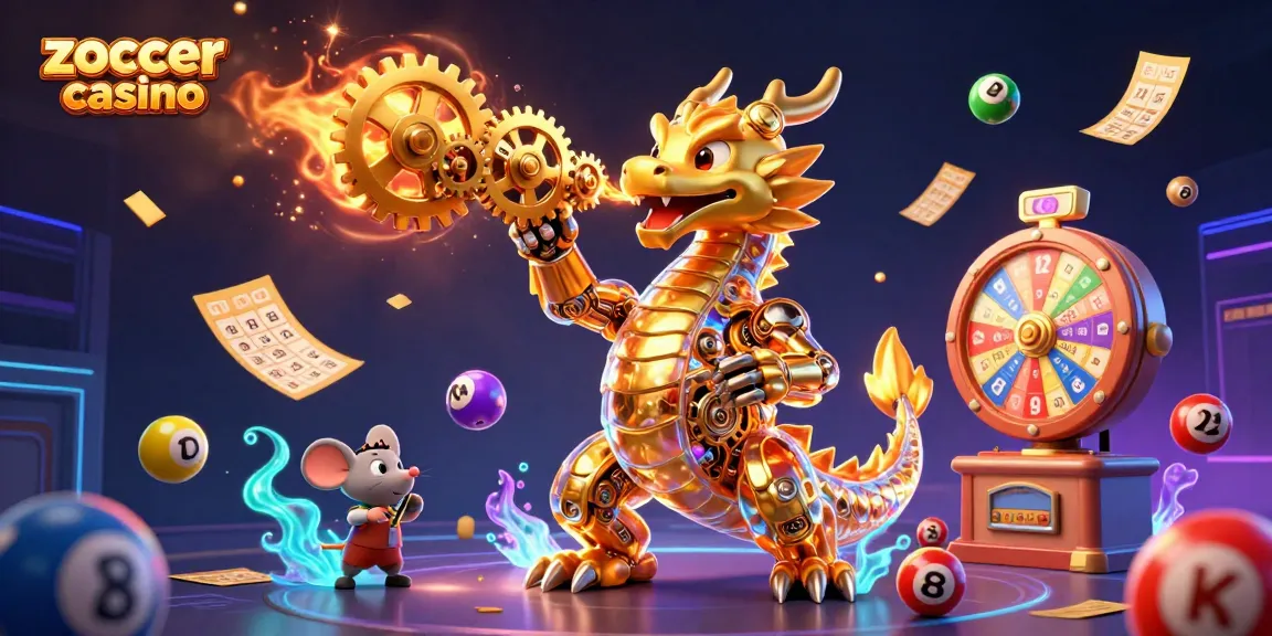 Zoccer casino illustration featuring a golden dragon, colorful lottery elements, and vibrant casino atmosphere.