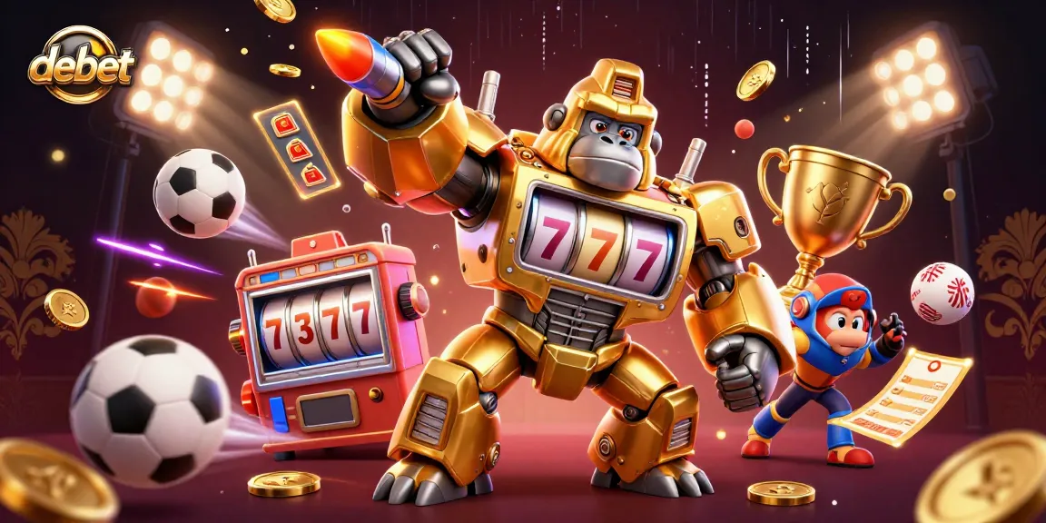 Engage in dynamic debet action with a golden gorilla mech amid vibrant sports elements.