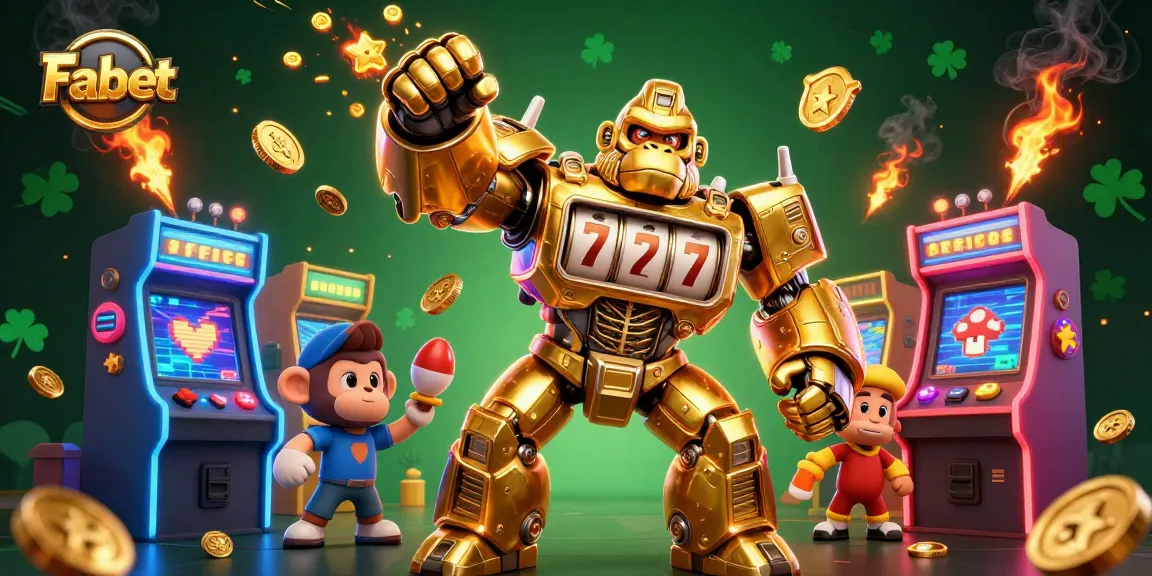 Fabet showcases a golden mech and gaming elements in a vibrant casino-style illustration.