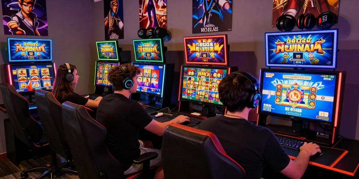 Excited players enjoying สล็อตเว็บตรง online slots in a lively gaming setup.